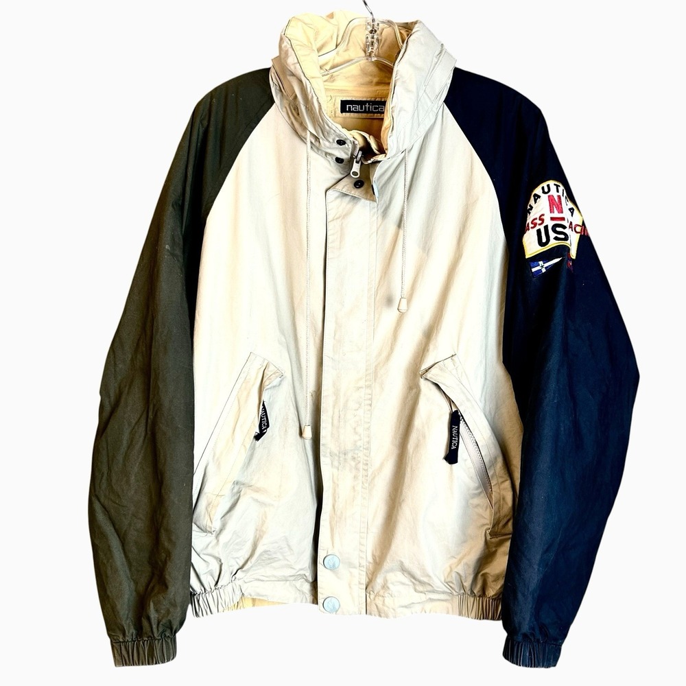 Vintage Nautica Jacket Mens Large Reversible Color Block Hooded  J-Class Racing